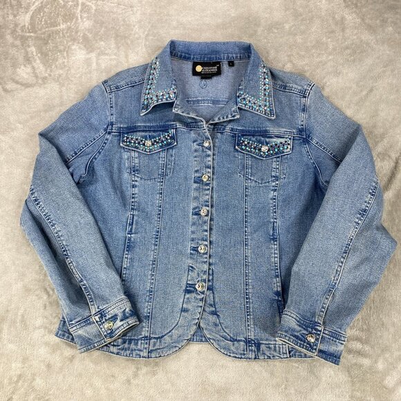 Christine Alexander Trucker Jacket Women L Blue Denim Rhinestone Mandala Crystal - Picture 10 of 16